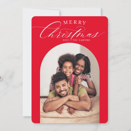 ファミリーフォトカードメリークリスマスアーチフレーム赤 案内状 (正面)