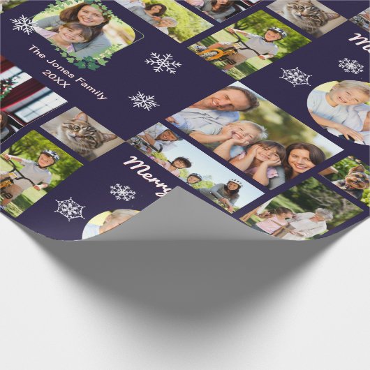 ファミリーフォトギャラリーダークブルーカスタムクリスマス ラッピングペーパー (角)