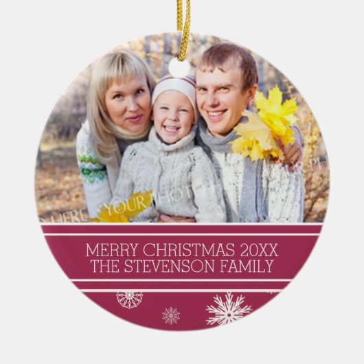 ファミリーフォトクリスマス装飾ブルゴーニュ雪 セラミックオーナメント (正面)