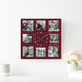 ファミリーフォトクロック 8枚の画像のコラージュ、バイソン柄 スクエア壁時計 (ホーム)