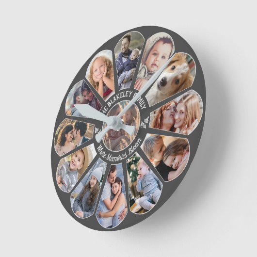 ファミリーフォトコラージグレイ13カスタム花の形 ラウンド壁時計 (傾斜)