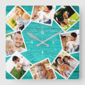 ファミリーフォトコラージッ素朴クチックファームハウスティール(緑がかった色) スクエア壁時計 (正面)