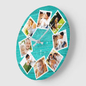 ファミリーフォトコラージッ素朴クチックファームハウスティール(緑がかった色) ラージ壁時計 (傾斜)