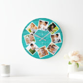 ファミリーフォトコラージッ素朴クチックファームハウスティール(緑がかった色) ラージ壁時計 (ホーム)