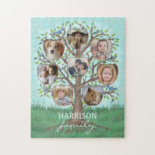 ファミリーフォトコラージツリー8写真+名前簡単 ジグソーパズル (縦)