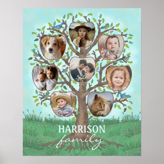 ファミリーフォトコラージツリー8写真+名前簡単 ポスター (正面)