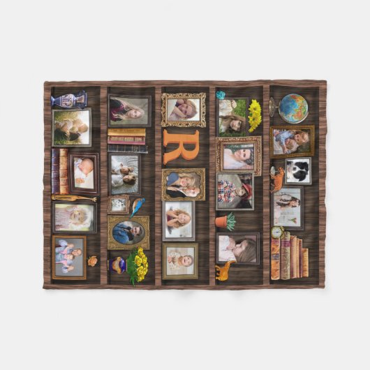 ファミリーフォトコラージュアンティーク本箱パーソナライズされた フリースブランケット (正面(横))