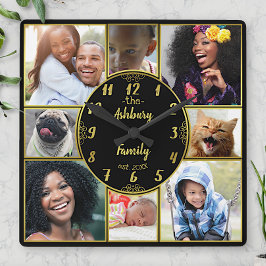 ファミリーフォトコラージュインスタグラム写真オーバル金ゴールド スクエア壁時計
