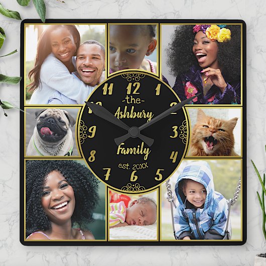 ファミリーフォトコラージュインスタグラム写真オーバル金ゴールド スクエア壁時計