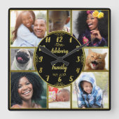 ファミリーフォトコラージュインスタグラム写真オーバル金ゴールド スクエア壁時計 (正面)