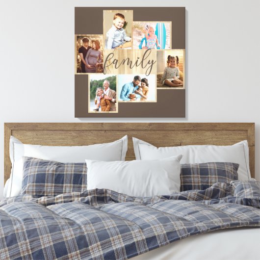 ファミリーフォトコラージュウッドグレインフレームブラウンキャンバス キャンバスプリント (インサイチュ (寝室))