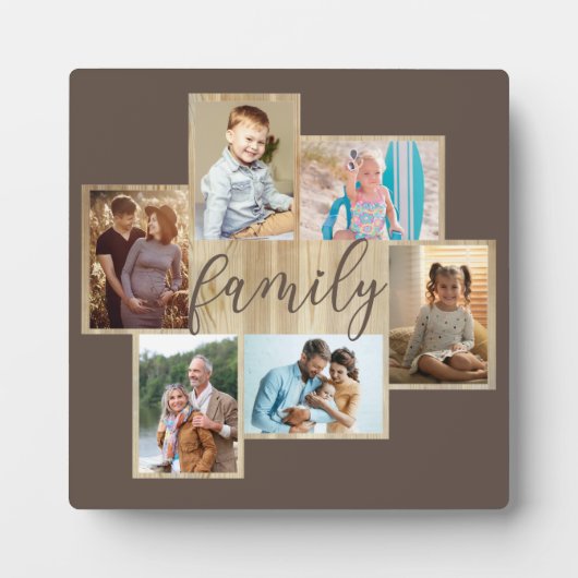 ファミリーフォトコラージュウッドグレイン縁どブラウン フォトプラーク (正面)