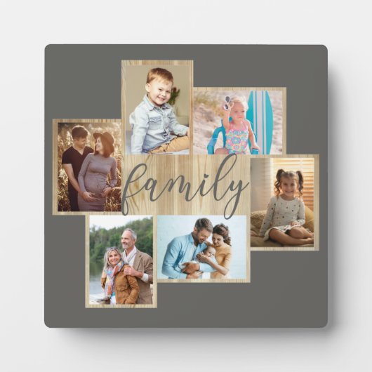 ファミリーフォトコラージュウードグレイン縁どグウォームグレー フォトプラーク (正面)