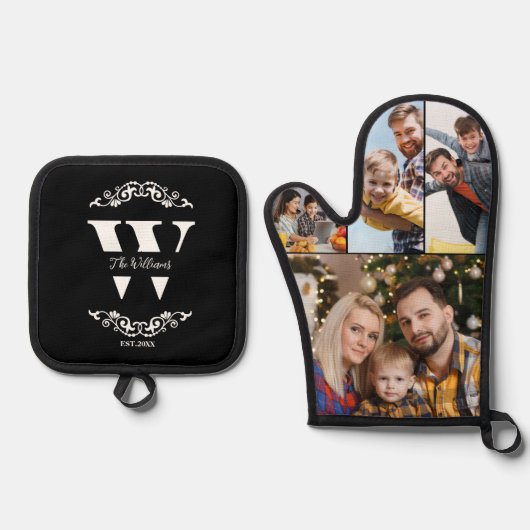 ファミリーフォトコラージュカスタムモノグラム&名前 鍋つかみ&鍋敷きセット (正面)