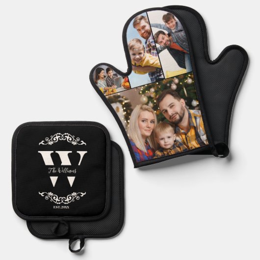 ファミリーフォトコラージュカスタムモノグラム&名前 鍋つかみ&鍋敷きセット (正面/裏面)
