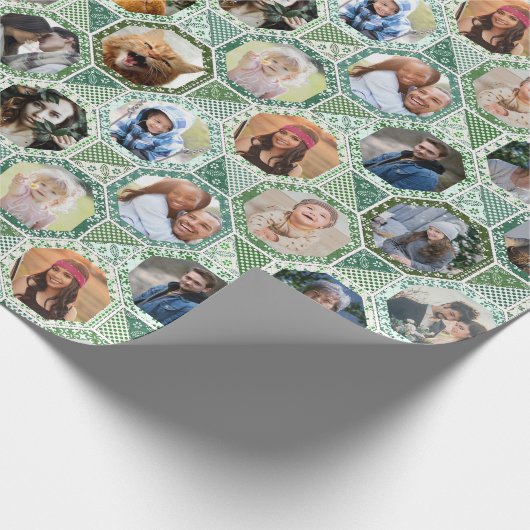 ファミリーフォトコラージュグリーンキルトルック28写真簡単 ラッピングペーパー (角)