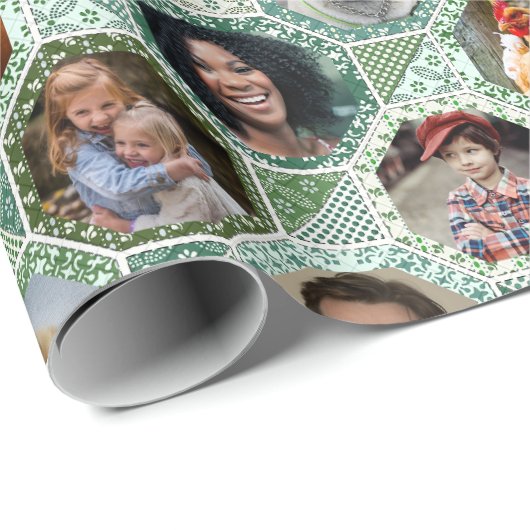 ファミリーフォトコラージュグリーンキルトルック28写真簡単 ラッピングペーパー (ロールコーナー)