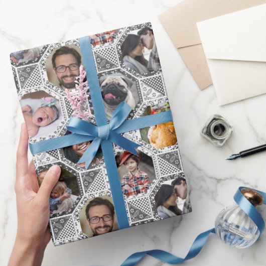 ファミリーフォトコラージュグレーキルトルック28カスタム画 ラッピングペーパー (ギフト)