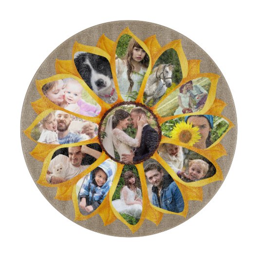 ファミリーフォトコラージュサンフラワーバーラップ13写真簡単 カッティングボード (正面)