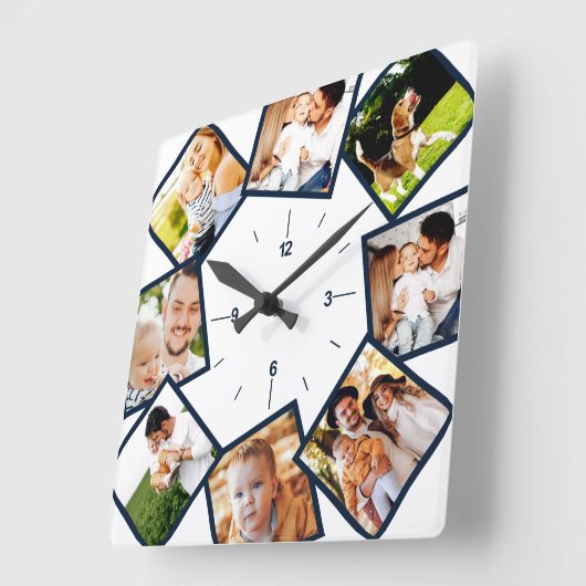 ファミリーフォトコラージュシックブルーアンドホワイト スクエア壁時計 (傾斜)