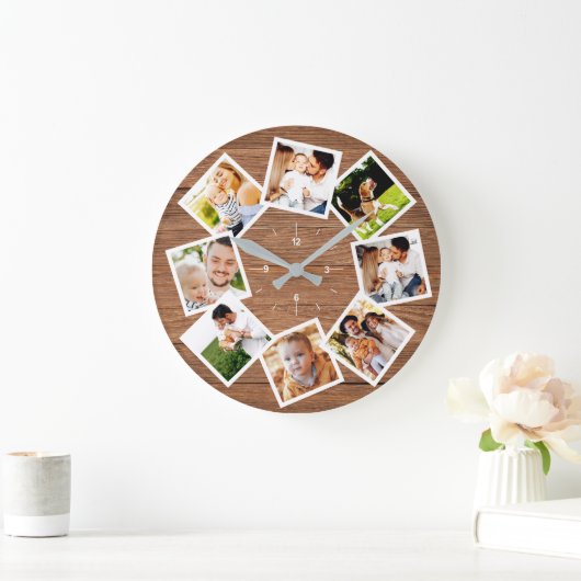 ファミリーフォトコラージュシック素朴ファームハウス ラージ壁時計 (ホーム)