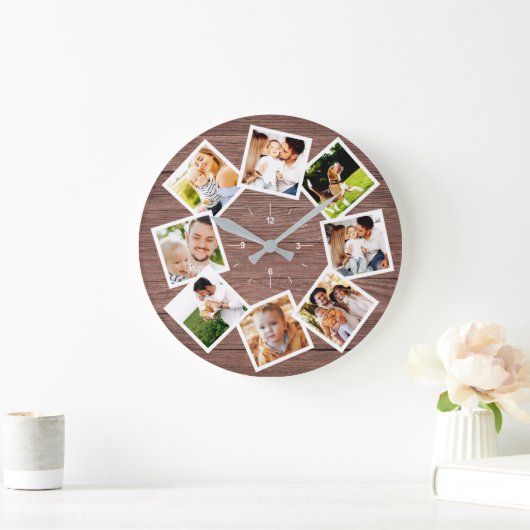 ファミリーフォトコラージュシック素朴ファームハウス ラージ壁時計 (ホーム)
