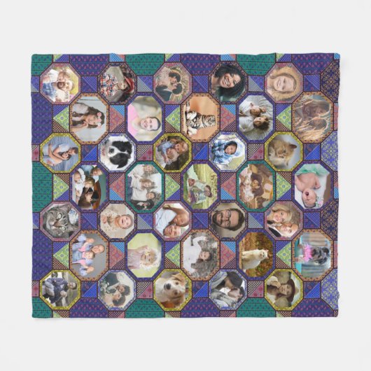 ファミリーフォトコラージュダークキルトルック35写真簡単 フリースブランケット (正面(横))