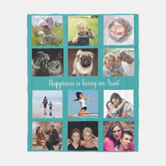 ファミリーフォトコラージュティール（緑がかった色）叔母 フリースブランケット (正面)