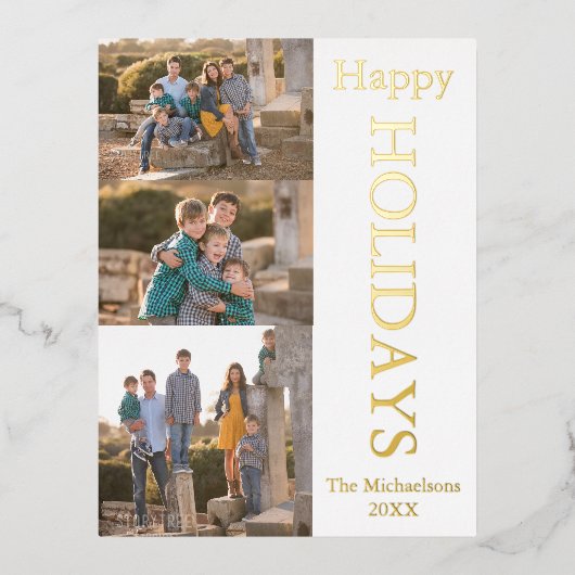 ファミリーフォトコラージュハッピーホリデー 箔シーズンポストカード (正面)