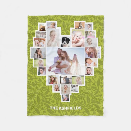 ファミリーフォトコラージュハートフローラグリーン25 Pic DIY フリースブランケット (正面)