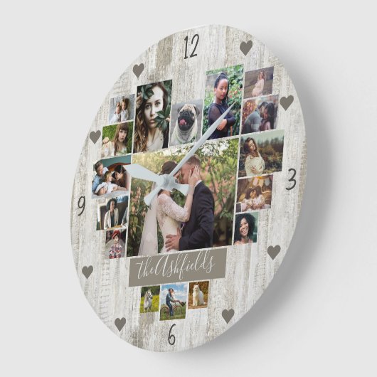 ファミリーフォトコラージュハート17ピックネームウッ素朴ド ラージ壁時計 (傾斜)