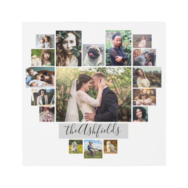 ファミリーフォトコラージュハート17写真名ホワイト メタルプリント (正面)