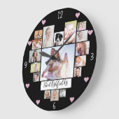 ファミリーフォトコラージュハート17写真名黒 ラージ壁時計 (傾斜)