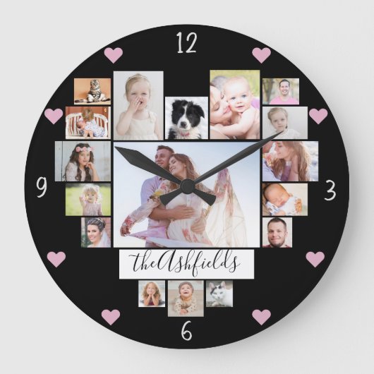 ファミリーフォトコラージュハート17写真名黒 ラージ壁時計 (正面)