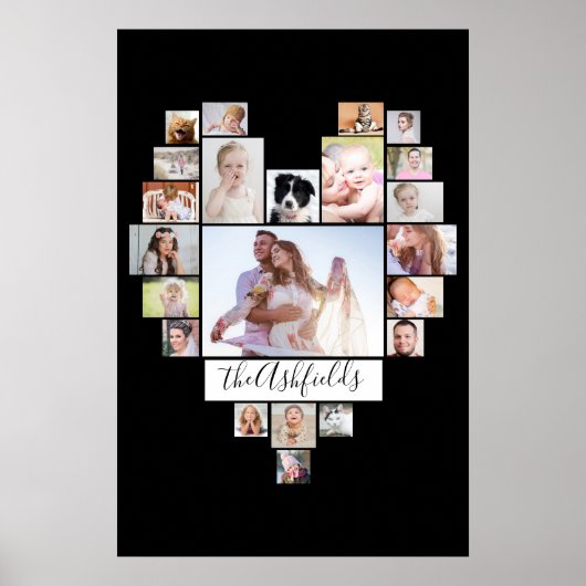 ファミリーフォトコラージュハート22写真ブラック20x30 ポスター (正面)