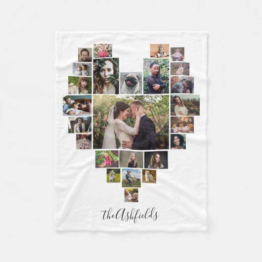 ファミリーフォトコラージュハート25写真名ホワイト フリースブランケット (正面)