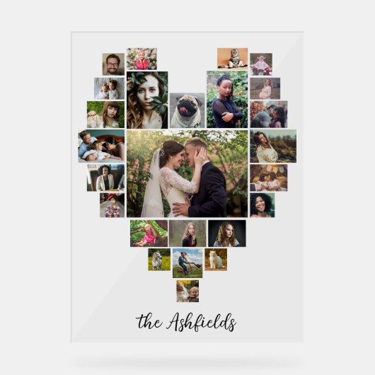 ファミリーフォトコラージュハート25写真名前をカスタムする アクリルサイン (正面)