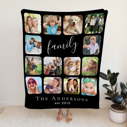ファミリーフォトコラージュパーソナライズされたブラック フリースブランケット