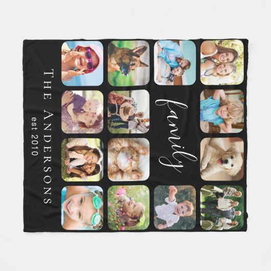 ファミリーフォトコラージュパーソナライズされたブラック フリースブランケット (正面(横))