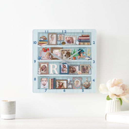 ファミリーフォトコラージュビーチ本箱パーソナライズされた スクエア壁時計 (ホーム)