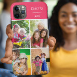 ファミリーフォトコラージュピンク4写真 iPhone 11 PRO MAXケース<br><div class="desc">iphone 11 proカスタム maxと他の多くのモデルのための独自の電話ケースを作成。このデザインは、グリッドスタイルの写真コラージュを備えお気に入りの、4枚の写真、名前、単語「家族」を含む。写真テンプレートは写真を追加する準備ができて、上から時計回りに動作し離れている。デザインは白いレタリングのピンクの背景を持つ。色もしを変更したいクリックとはカスタマイズ、メッセージを表示する。</div>