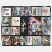 ファミリーフォトコラージュブラック金ゴールド白モノグラムの フリースブランケット (正面(横))