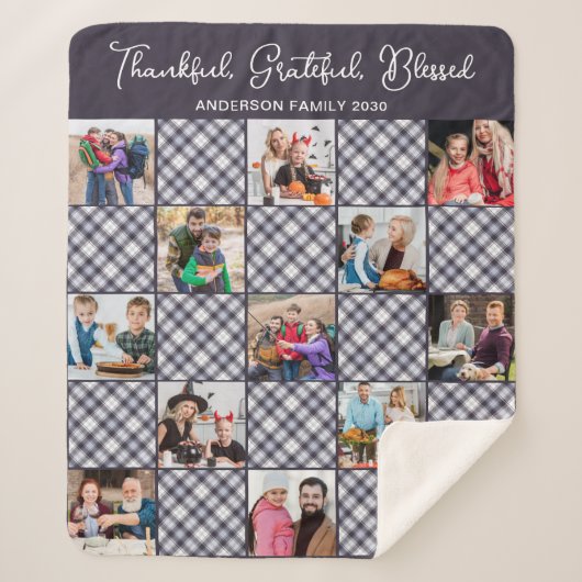 ファミリーフォトコラージュブルーパーソナライズされたグレープレイド シェルパブランケット (正面)