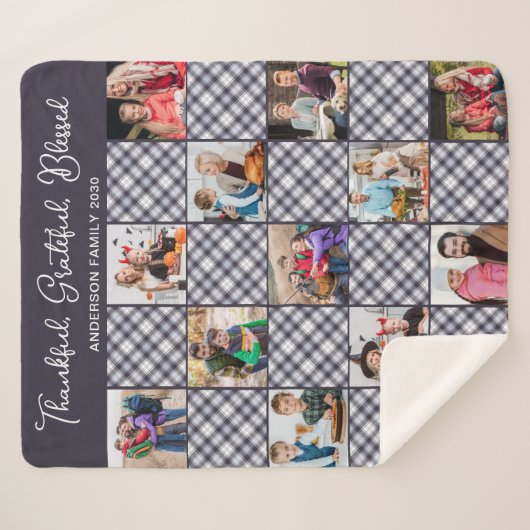 ファミリーフォトコラージュブルーパーソナライズされたグレープレイド シェルパブランケット (正面(横))