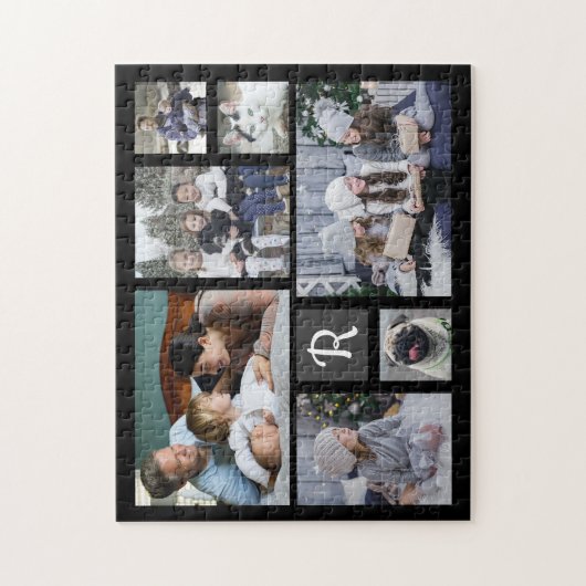 ファミリーフォトコラージュモノグラムの7写真ブラック ジグソーパズル (縦)