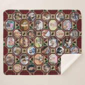 ファミリーフォトコラージュレッドブラックバッファロープレイドキルト シェルパブランケット (正面(横))