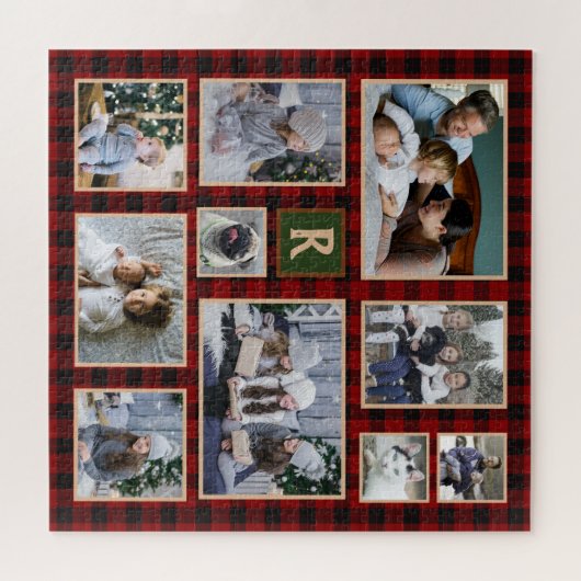 ファミリーフォトコラージュレッモノグラムのドバッファロープレイド ジグソーパズル (横)