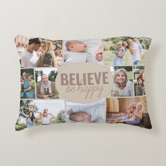 ファミリーフォトコラージュ信じベハッピー引用文ベージュ アクセントクッション (正面)
