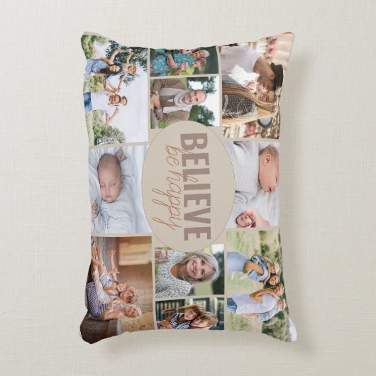 ファミリーフォトコラージュ信じベハッピー引用文ベージュ アクセントクッション (正面(垂直))