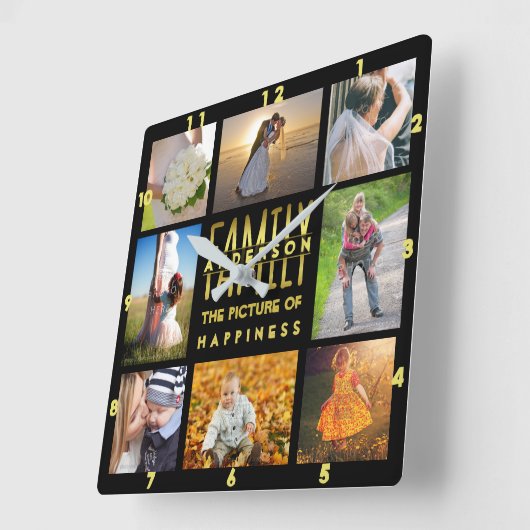 ファミリーフォトコラージュ名前の追加テンプレート金ゴールド黒 スクエア壁時計 (傾斜)